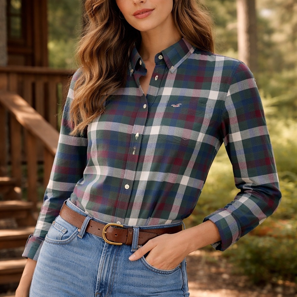 Hollister Preppy Cabin Core Plaid Stretch Button Down Shirt Green Blue Red Sm